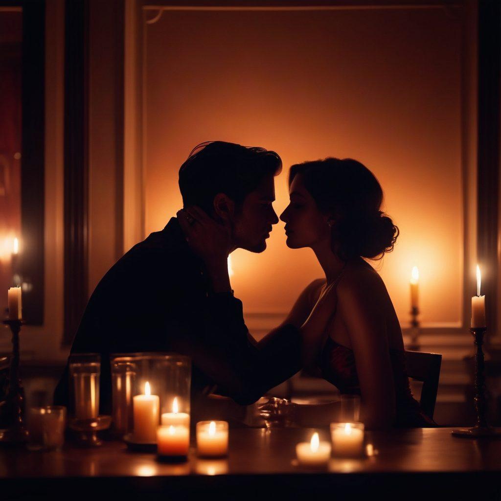 A cinematic scene showcasing a soft-focus intimate moment between two silhouettes in a dimly lit room, surrounded by romantic props like candles and shadows creating an aura of warmth. The background includes hints of a classic film set with vintage film reels, evoking a sense of nostalgia and artistry. The color palette features deep reds and golds to enhance the passionate atmosphere. super-realistic. warm tones. dramatic lighting.