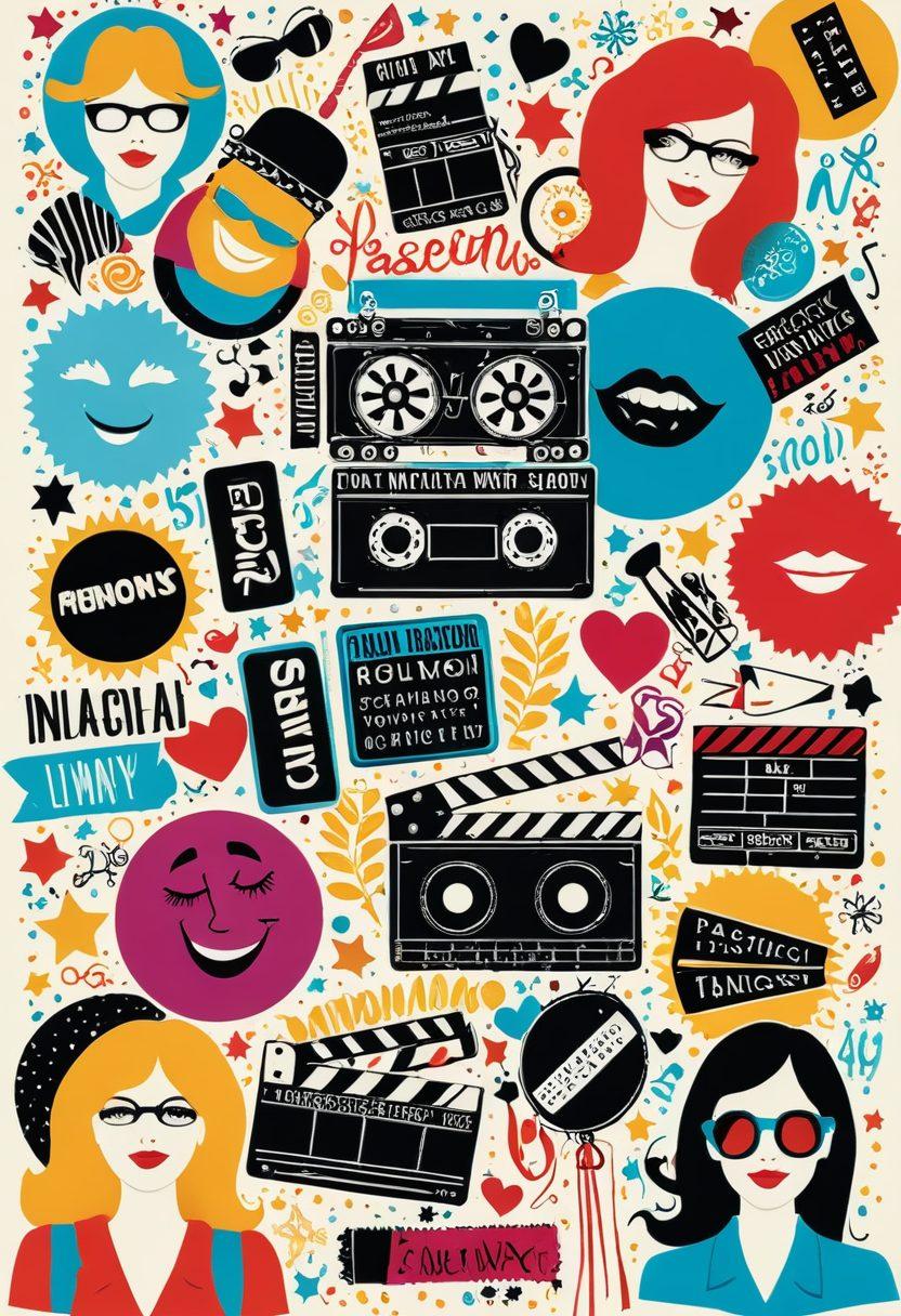A vibrant collage depicting various adult film genres, where each segment showcases playful, humorous elements that reflect passion and laughter. Include iconic symbols like a film reel, clapperboard, and characters engaging in lighthearted activities. The background should blend warm tones with whimsical patterns to represent the spectrum of emotions. Add a touch of glamour with sparkling effects to emphasize the fun aspect. vector art. vibrant colors. white background.