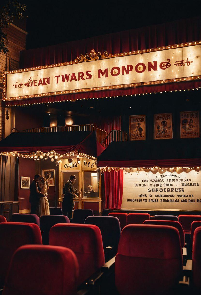 A whimsical and alluring blend of an elegant movie theater adorned with plush velvet seating, twinkling fairy lights, and a vintage marquee showcasing romantic film titles. The foreground features silhouettes of couples watching a film, with soft romantic lighting creating an intimate atmosphere. Include elements like film reels and popcorn to emphasize the cinematic theme. vibrant colors. soft-focus. artistic flair.